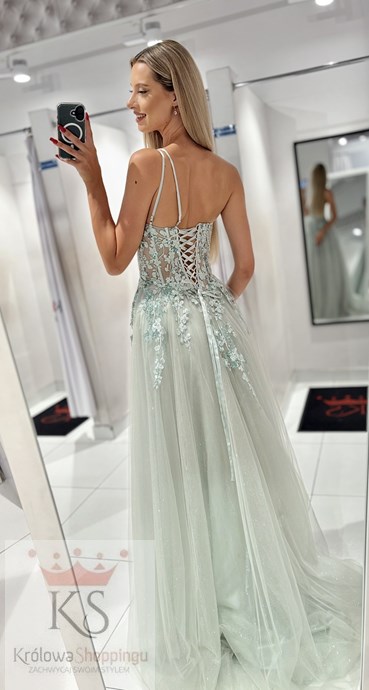 Sukienka długa asymetria tiul brokat szałwia