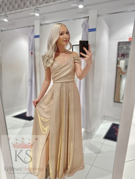 Sukienka długa opadające ramiona brokat złoto