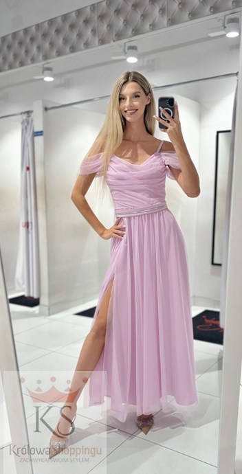 Sukienka długa opadające ramiona tiul lila