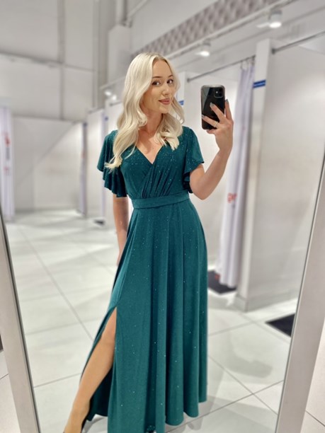 Sukienka długa rękawek pasek brokat zieleń