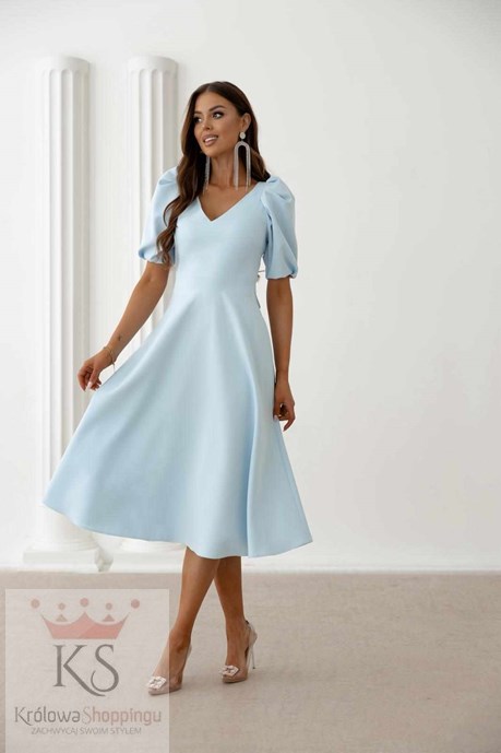 Sukienka midi rękawek dekolt V wiązanie błękit