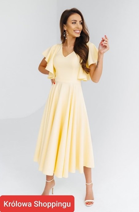 Sukienka midi falbana rękaw brokat żółty