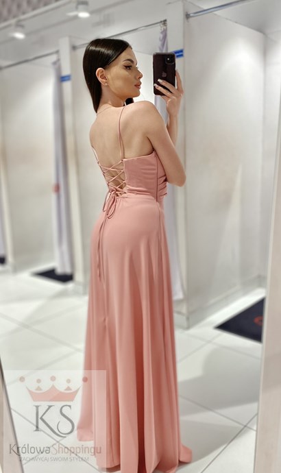 Sukienka długa wiązanie plecy gładka róż
