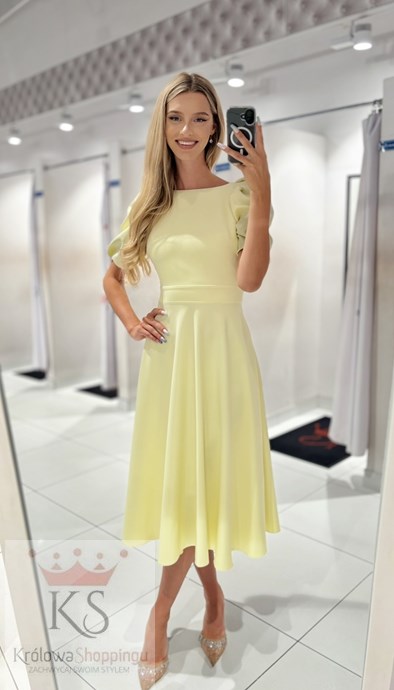 Sukienka midi guziki plecy rękawek wiązanie lemon
