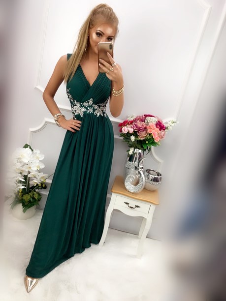 Sukienka długa z ozdobą z kamieniami zielony