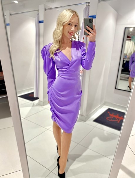 Sukienka midi rękaw marszczenie fiolet