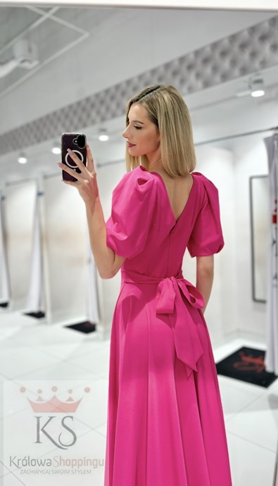 Sukienka długa 3/4 rękawek wiązanie plecy magenta