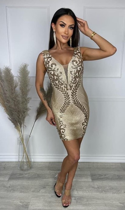 Sukienka krótka ramiączka cekiny złoto