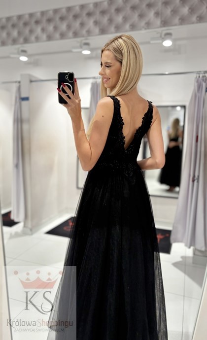 Sukienka długa koronkowy gorset tiul czerń