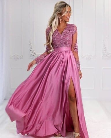 Sukienka długa koronkowy rękaw róż