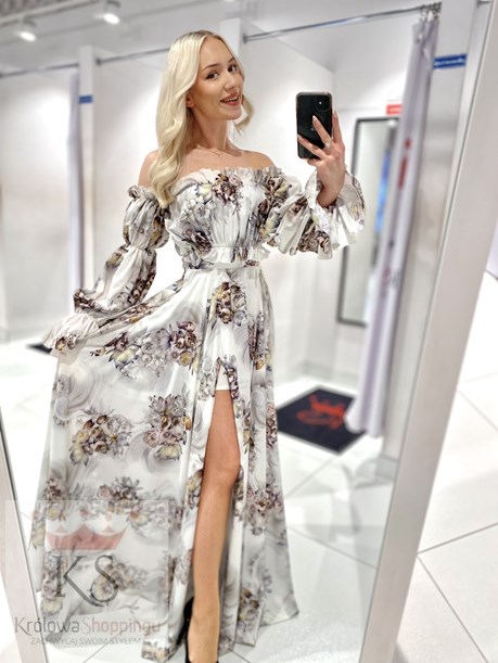 Sukienka długa hiszpanka rękaw kwiaty szary