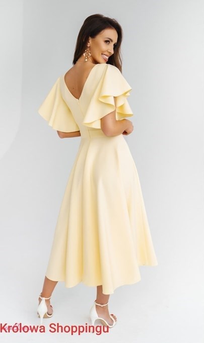 Sukienka midi falbana rękaw brokat żółty