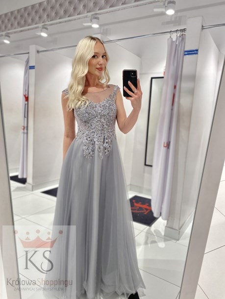 Sukienka długa zdobienie tiul wiązanie szara