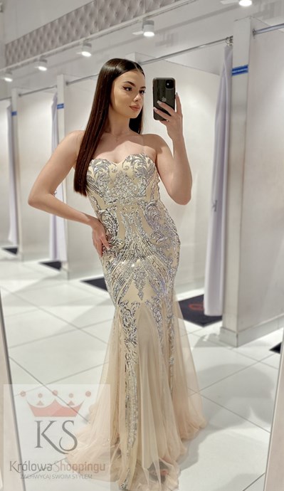Sukienka długa rybka cekiny tiul szampan