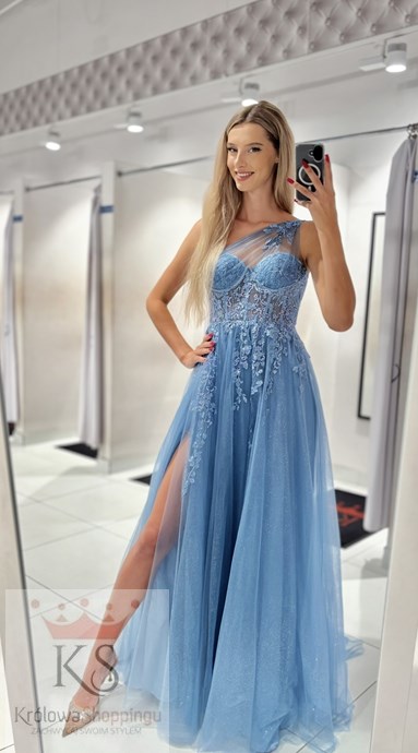 Sukienka długa asymetria tiul brokat jeans