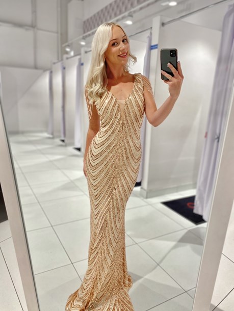 Sukienka długa cekin koraliki siatka złota miedź