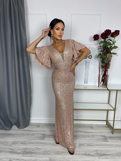 Sukienka długa cekin dekolt rękawek pas złota