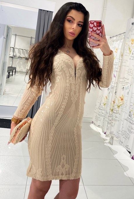 Sukienka krótka dopasowana rękaw cekiny beż