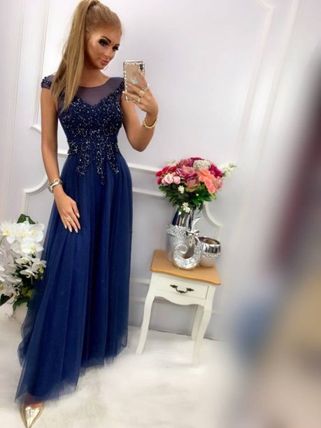 Sukienka długa zdobienie tiul wiązanie granat