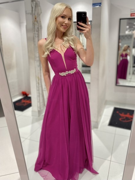 Sukienka długa ramiączka tiul pasek fuksja