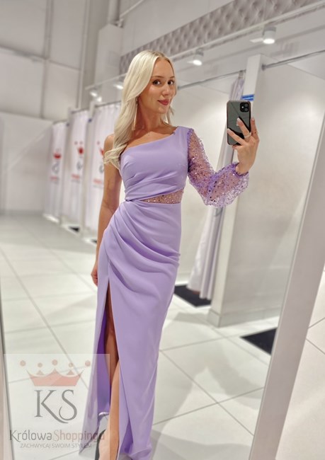 Sukienka długa asymetryczny rękaw lila