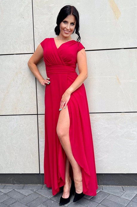 Sukienka długa marszczony pas malina