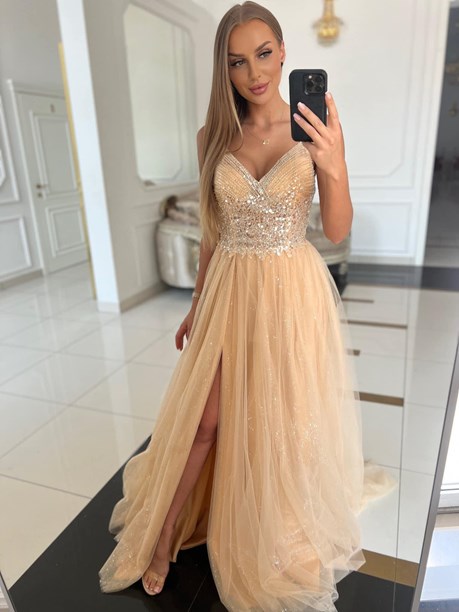 Sukienka długa tiul dekolt cekiny ramiączka złoto