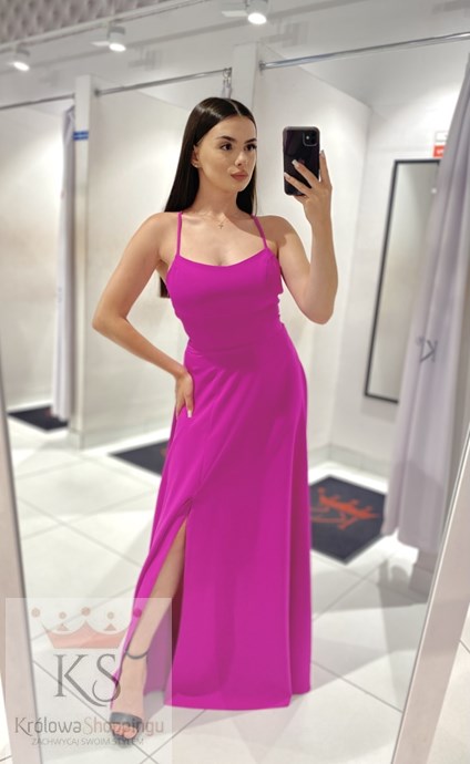 Sukienka długa ramiączka wiązanie fuksja