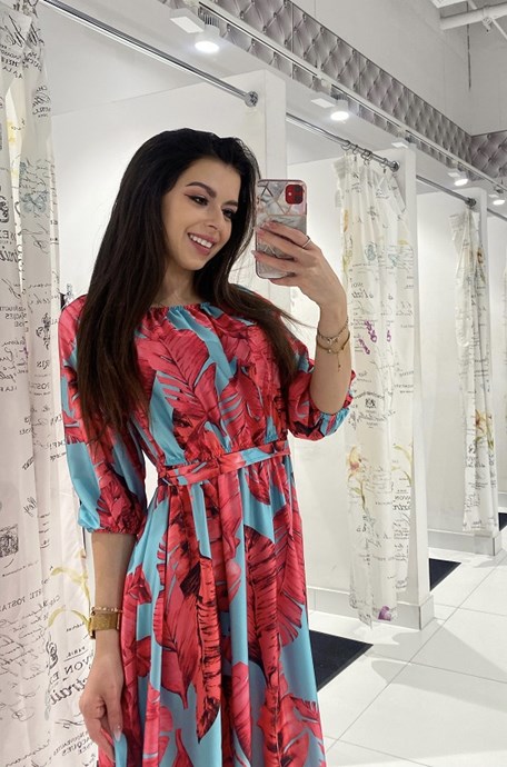 Sukienka długa długi rękaw kwiaty niebieski/róż