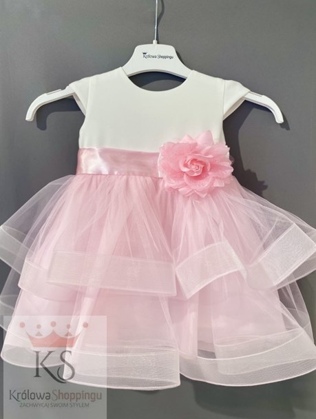 Sukienka dziecięca falbany kwiat biel/róż