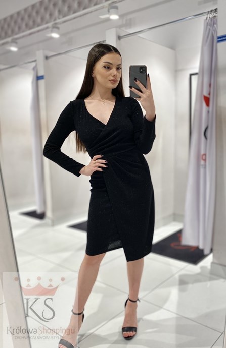 Sukienka krótka rękaw marszczenie błysk czerń