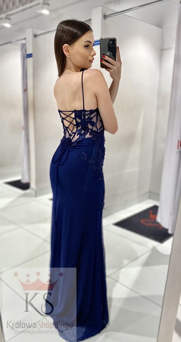 Sukienka długa gorset zdobienie haft granat