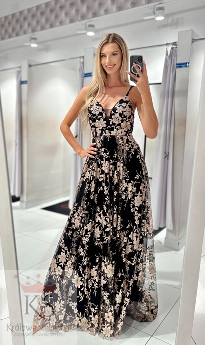 Sukienka długa tiul wiązanie plecy czerń/złoto