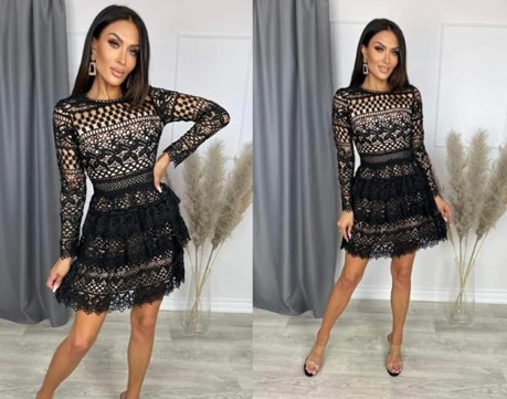 Sukienka krótka koronka falbany czerń/beż