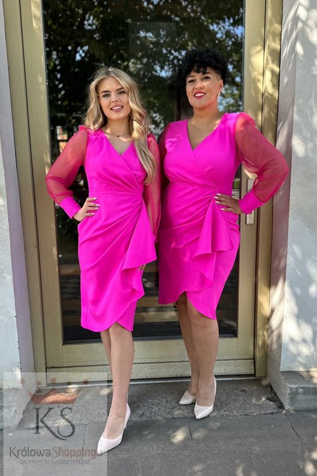 Sukienka krótka siateczka rękaw falbanka fuksja