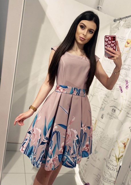 Sukienka krótka kwiaty dół beż/turkus