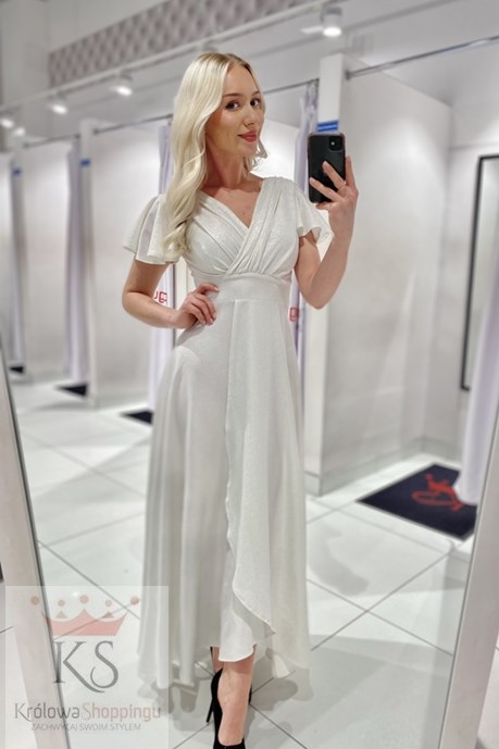 Sukienka długa marszczony pas połysk biel