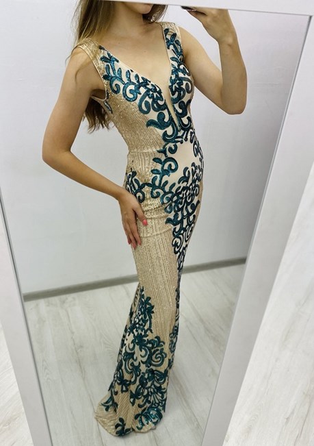 Sukienka długa rybka cekiny wzory zielony/złoto