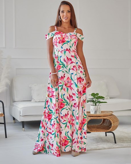Sukienka długa opadające ramiona kwiaty róż