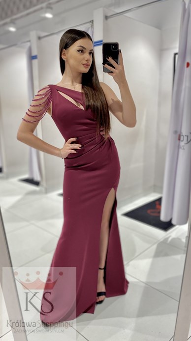 Sukienka długa jedno ramię dopasowana śliwka n.2
