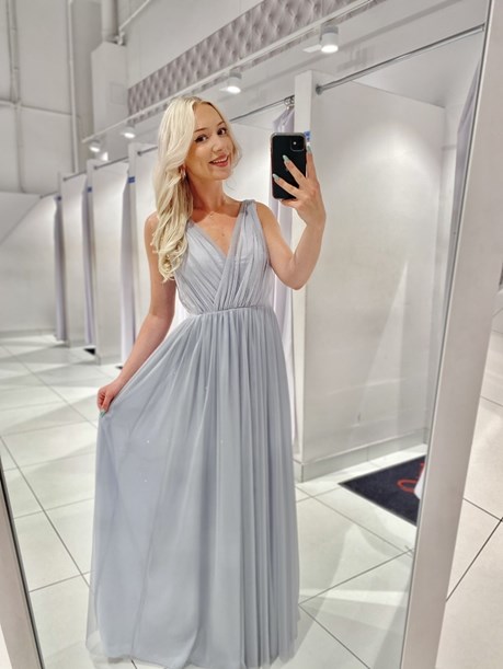 Sukienka długa tiul głęboki dekolt brokat szary