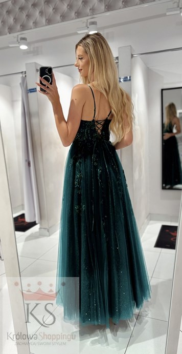 Sukienka długa gorset kwiaty haft brokat zieleń