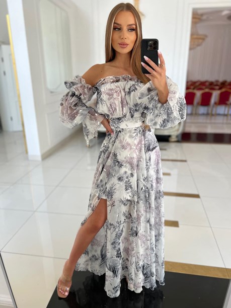 Sukienka długa hiszpanka rękaw kwiaty popiel