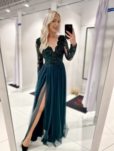 Sukienka długa tiulowa rękaw zieleń