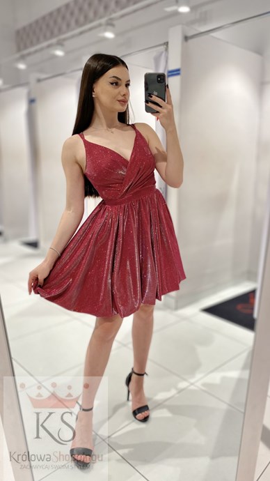 Sukienka krótka bombka ramiączka brokat bordo