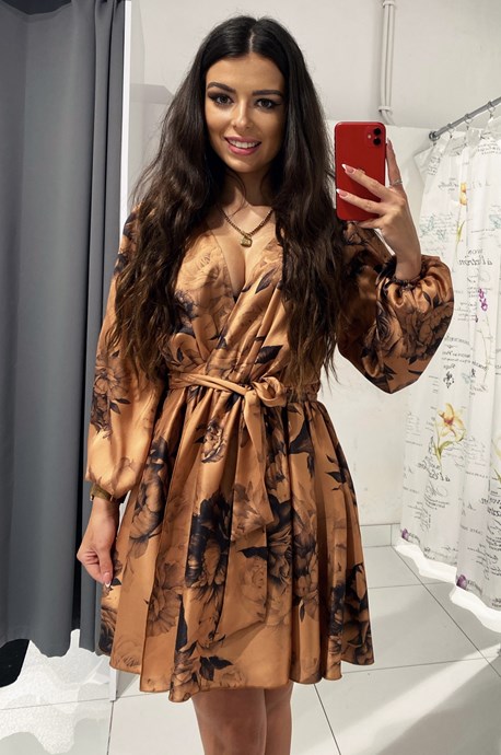 Sukienka krótka długi rękaw czarne kwiaty brąz