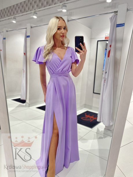 Sukienka długa rękawki dekolt lila
