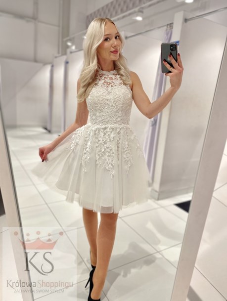 Sukienka krótka tiul koronka wiązanie szyja biel