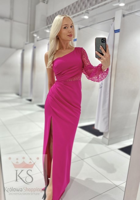 Sukienka długa asymetryczny rękaw fuksja