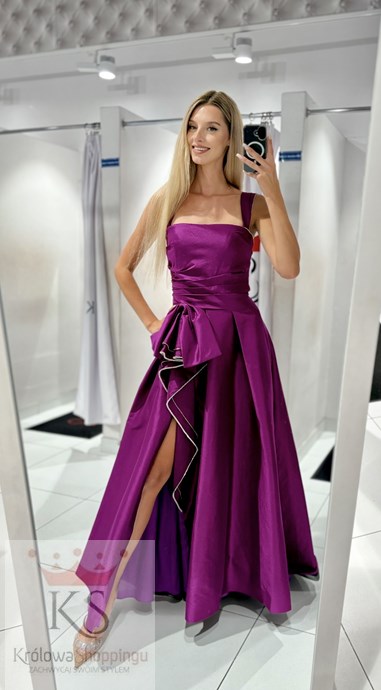 Sukienka długa kokarda marszczenie  fiolet